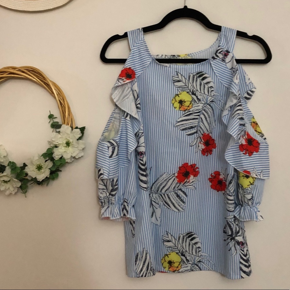 Floral and Striped Cold Shoulder Top